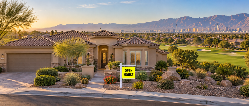 Sun City Summerlin golf-course home with a yellow open-house sign and the Las Vegas Strip in the distance