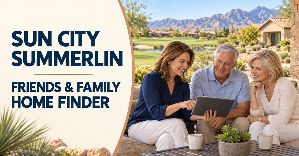 Friends and family exploring Sun City Summerlin homes together on a tablet